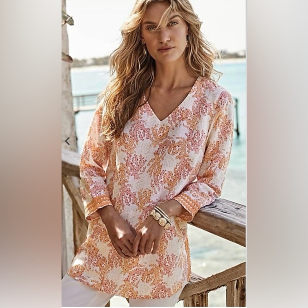🪸 J. Jill sz.S Orange‎ Multi Linen Blend Coral Reef Print Tunic Top Blouse